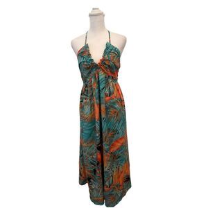Backless Halter Maxi Dress in Teal & Orange - Unbranded